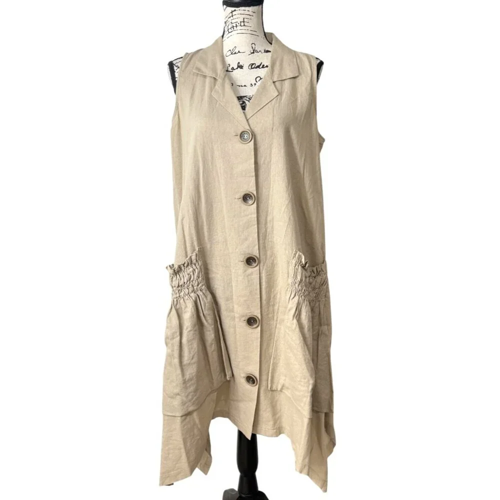 ForCynthia Sleeveless Shirt Dress Linen Blend Button-Up Smocked Pockets Size L - Picture 1 of 8